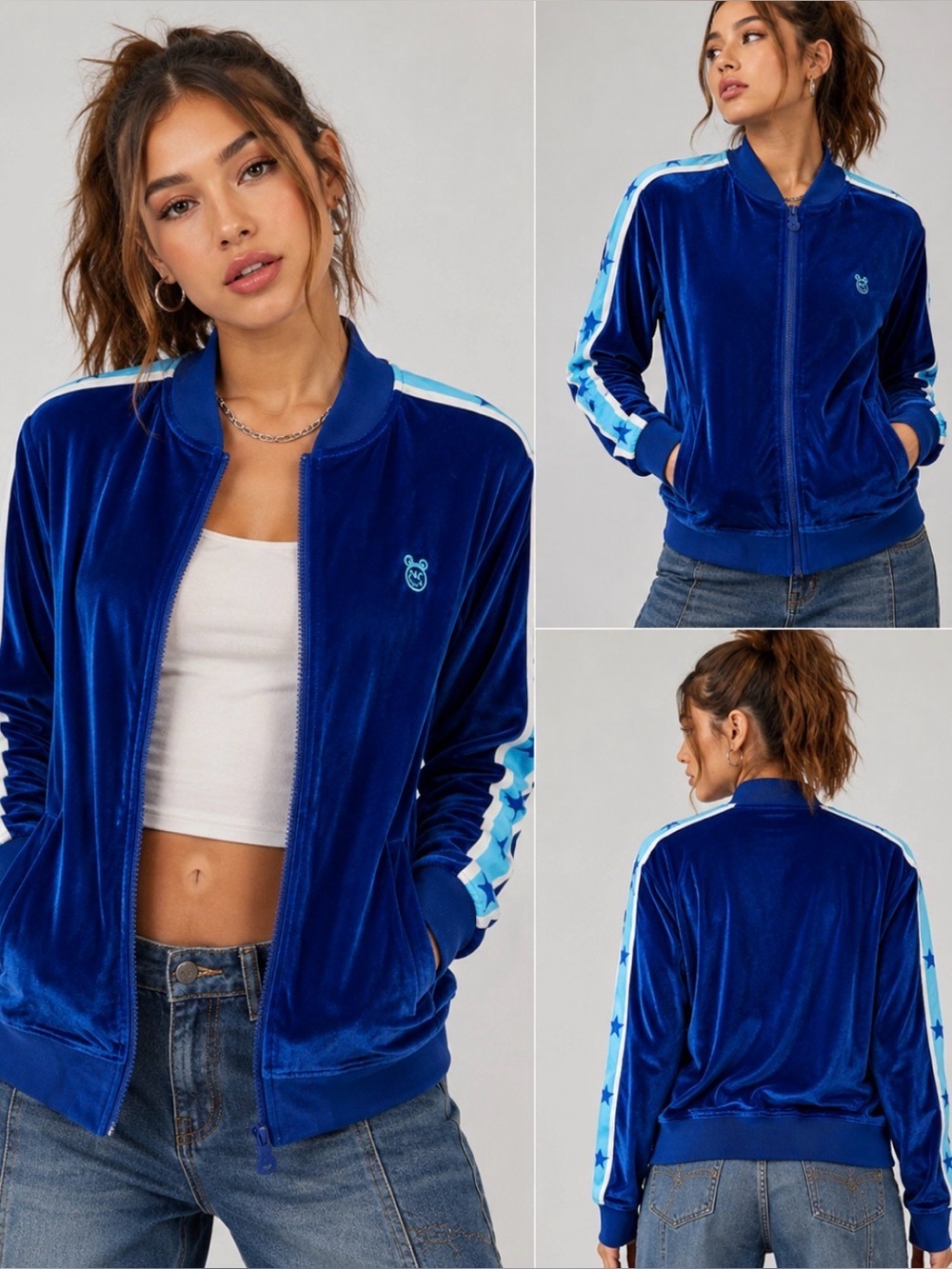 Converse x Miley Cyrus Royal Blue Velvet Track Jacket Y2K Star Sleeve Full Zip